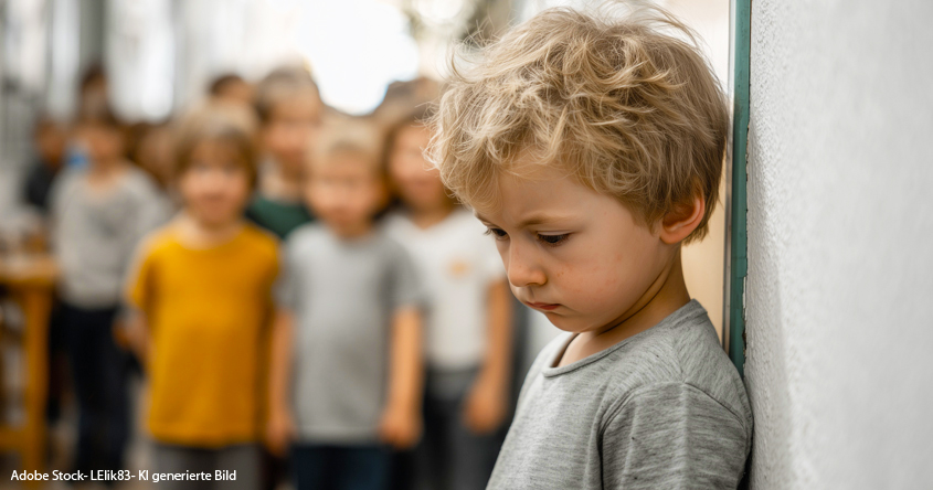 Trauriges Kind in der Schule – soziale Ausgrenzung und Mobbing Spenden Kind Teddybär traurig