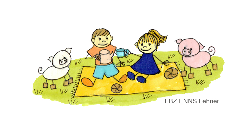 Das Bild wurde gemalt.
Es zeigt ein Mädchen und einen Buben auf einer Picknickdecke sitzend.
Beide halten jeweils ein Häferl in den Händen. Rundherum ist das grüne Gras und zwei Schweinchen stehen neben den Kindern.