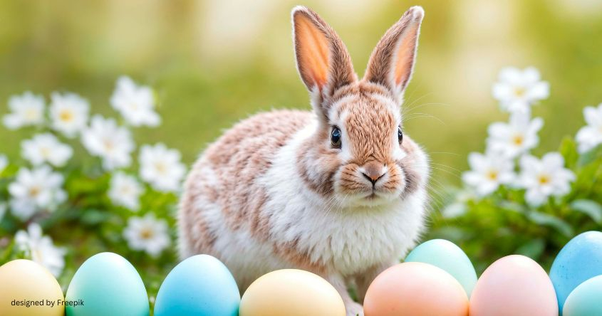 Osterhase mit Eier auf der Wiese