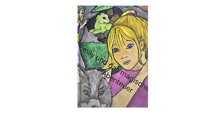 Das Bild wurde gemalt. Es zeigt ein blondes Mädchen. Ihre blauen Augen funkeln. Sie scheint in ihrer Fantasie einen Wolf und ein Einhorn zu sehen.