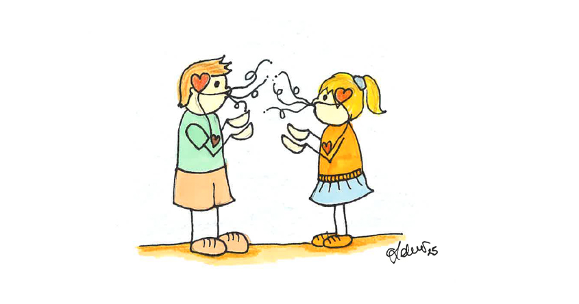 Das Bild wurde gemalt. Es stehen sich 2 Erwachsene (1 Mann und 1 Frau) gegenüber. Beide haben Atemmasken an den Ohren hängen. Sie versuchen gleichmäßig zu atmen.
