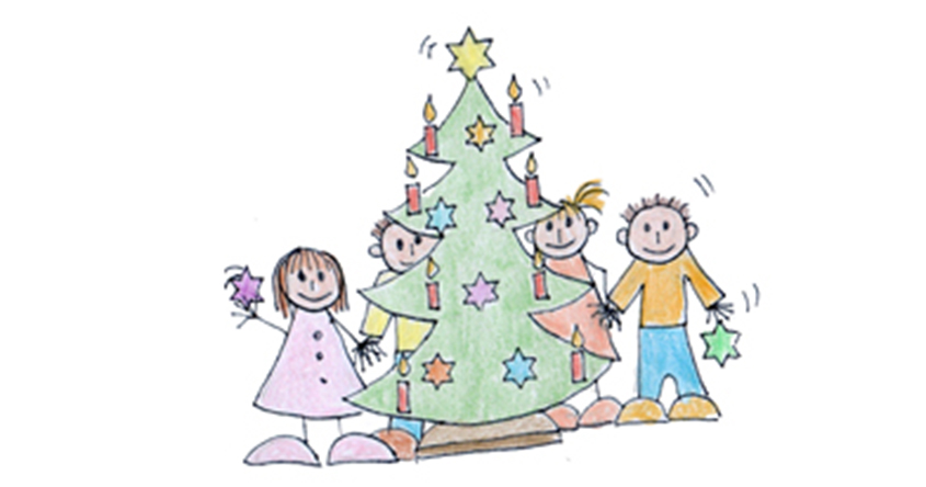 Einige Kinder schmücken den Weihnachtsbaum mit ihren selbstbemalten Sternen. Das Bild ist selbstgemalt.