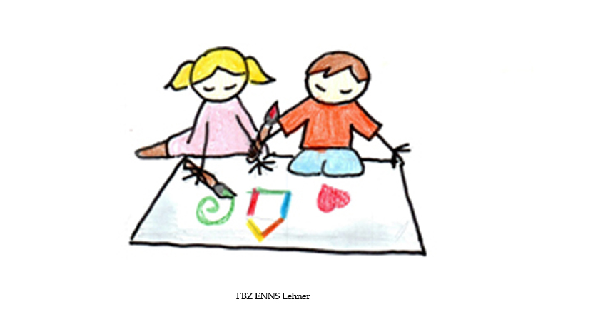 Das Bild wurde selbst gemalt. 2 Kinder sitzen am Boden vor einem großen Stück Papier und malen.