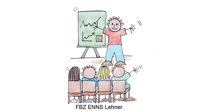 Das Bild wurde gemalt. Es zeigt einige sitzende Zuhörer, die gespannt einem Vortragenden folgen, der etwas auf einer Tafel zeigt.