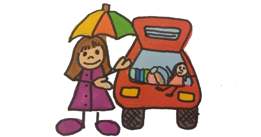 Das Bild wurde gemalt. Es zeigt ein Auto, bei dem der Kofferraum offen ist. Darin befinden sich viele Spielsachen, Bälle, Bücher, Puppen,... Davor steht eine Frau mit einem aufgespannten, bunten Regenschirm.