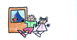 Das Bild wurde gemalt. Es zeigt eine Puppenbühne, worauf eine Prinzessin und ein Krokodil sitzen.