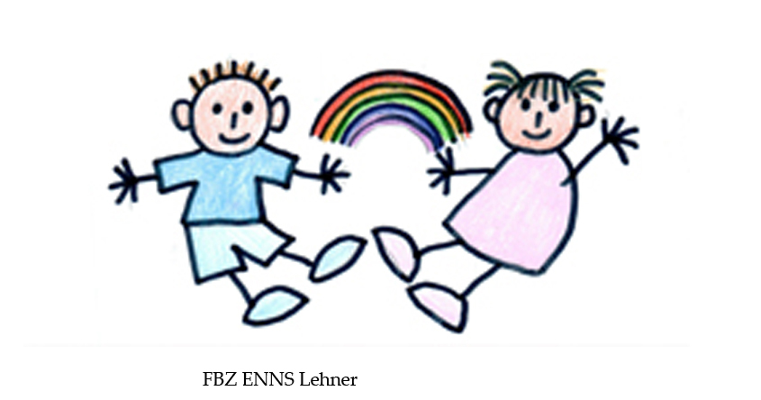 Das Bild wurde gemalt. 2 kleine Kinder sitzen am Boden und winken. Hinter ihnen wurde ein Regenbogen gemalt.