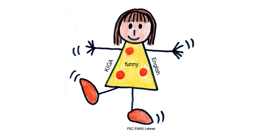 Das Bild wurde gemalt. Es zeigt ein Mädchen, in einem gelben, orange getupften Kleid, welches ein Bein ausstreckt und ihre beiden Hände seitlich gestreckt hält.