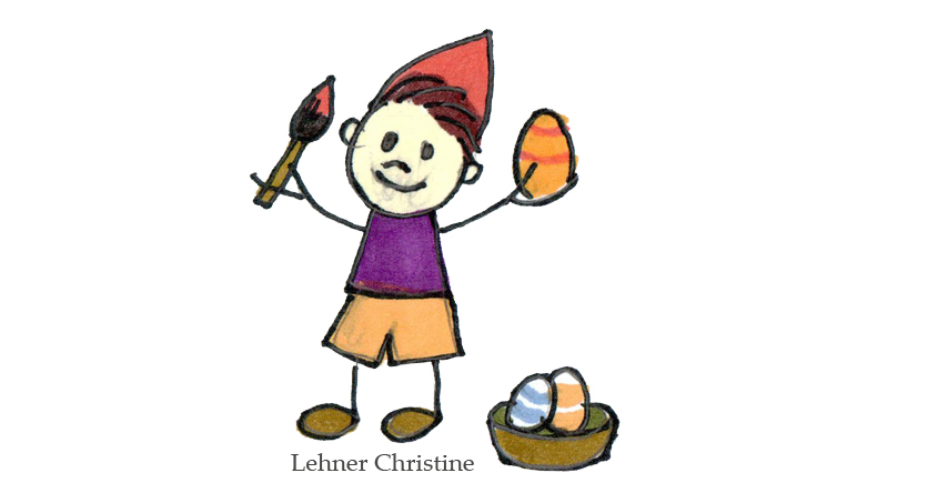 Das Bild wurde gemalt. Es zeigt ein kleines Kind, das eine Wichtelmütze aufhat und ein Ei und einen Pinsel in der Hand hält. Am Boden steht ein Osterkörbchen, darin befindet sich ein Osterei.