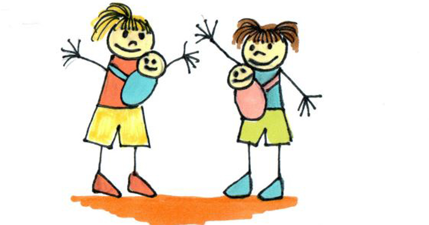 Das Bild wurde gemalt. Es zeigt 2 Mamas, die ihre Babys in ihren Bauchtragen halten und sich dabei bewegen.