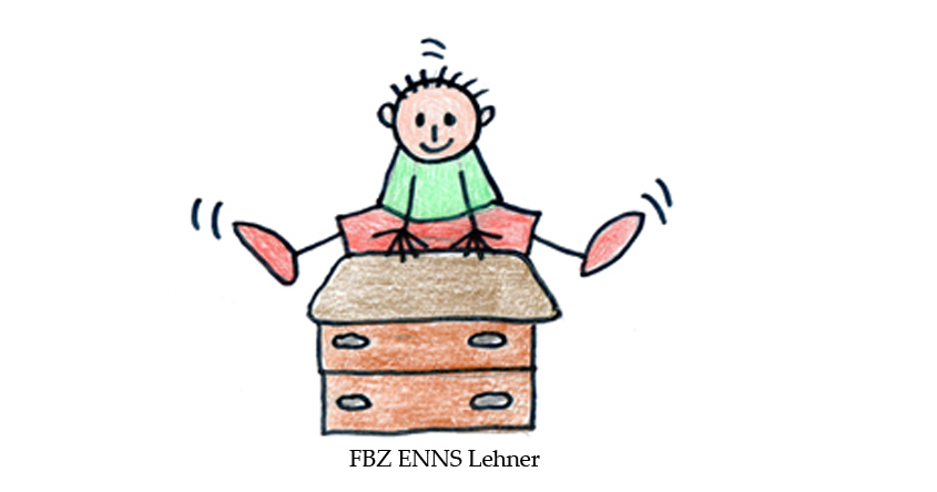 Das Bild wurde gemalt. Ein Kind springt über einen kleinen Kasten (Turngerät) und macht dabei eine Grätsche.