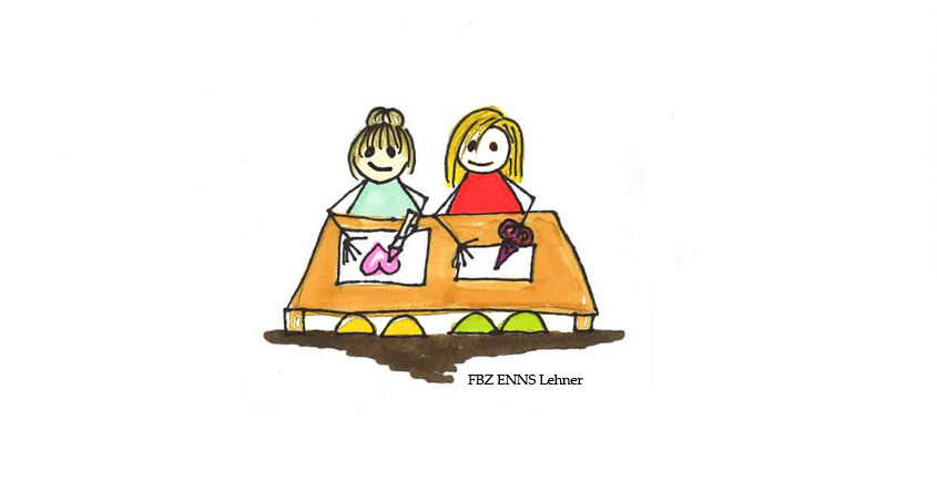 Das Bild wurde gemalt. Es zeigt 2 Damen, die an einem Tisch sitzend malen und schreiben. Ihr Lächeln zeigt, dass sie zufrieden sind.