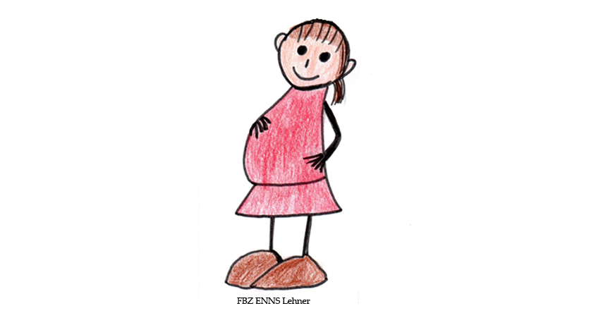 Das Bild wurde gemalt. Es zeigt eine schwangere Frau, die stolz mit ihren Händen ihr dickes Bäuchlein hält.