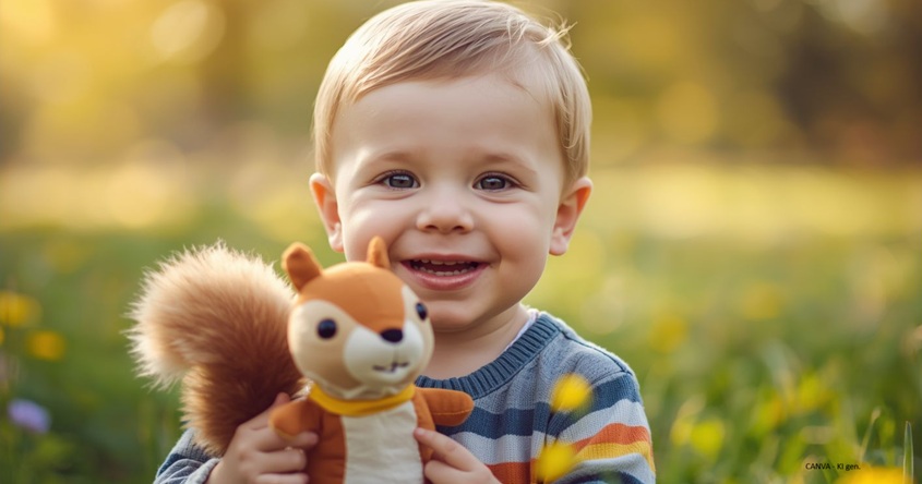 Kind mit Eichhörnchenkuscheltier