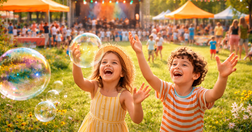Kinder spielen auf Sommerfest mit Seifenblasen