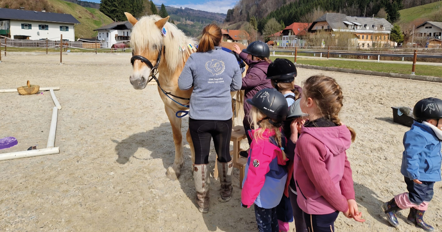 mehrere Kinder vor einem Pferd