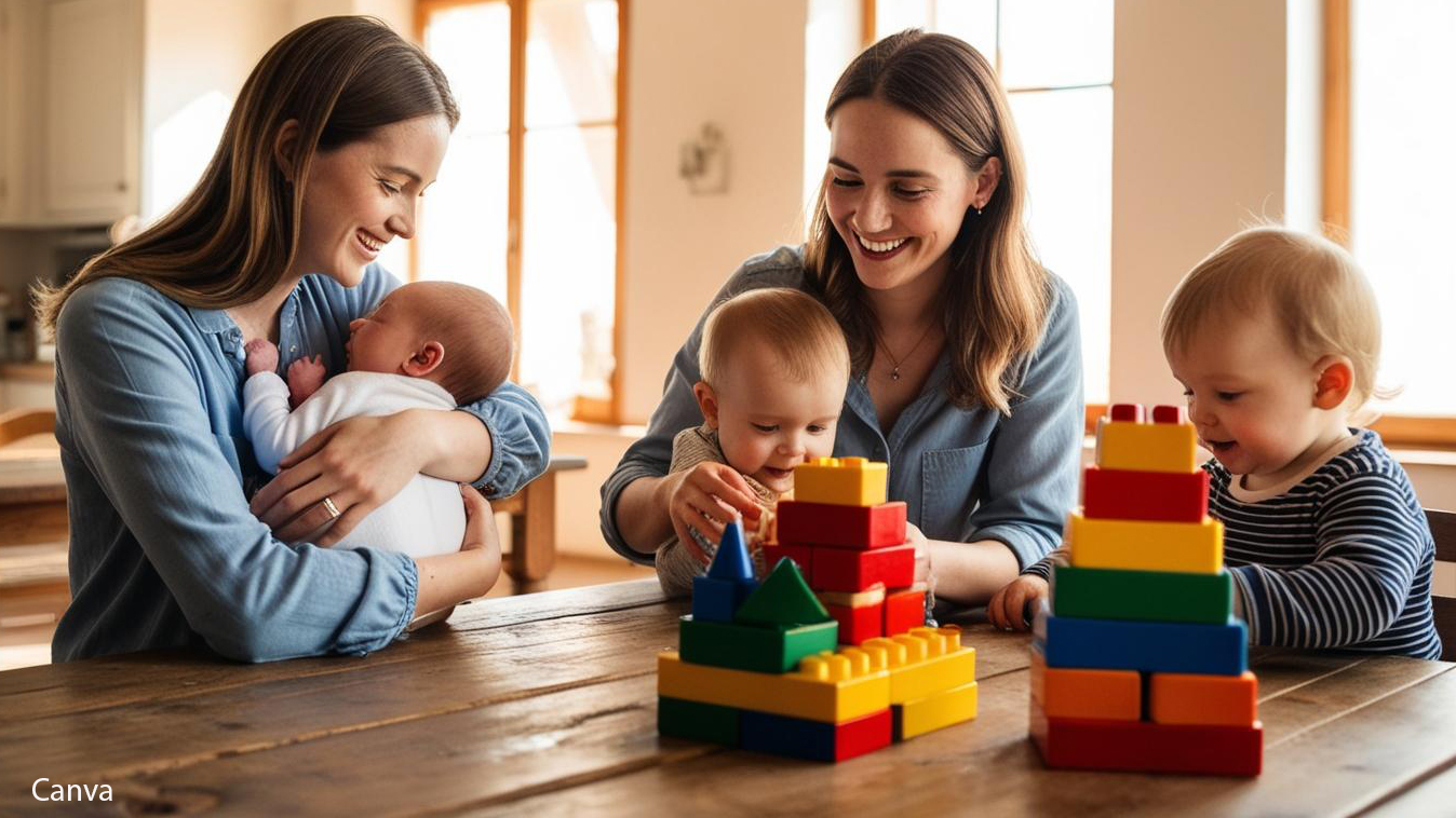 2 Mütter mit Kleinkindern und einem Baby bei Tisch