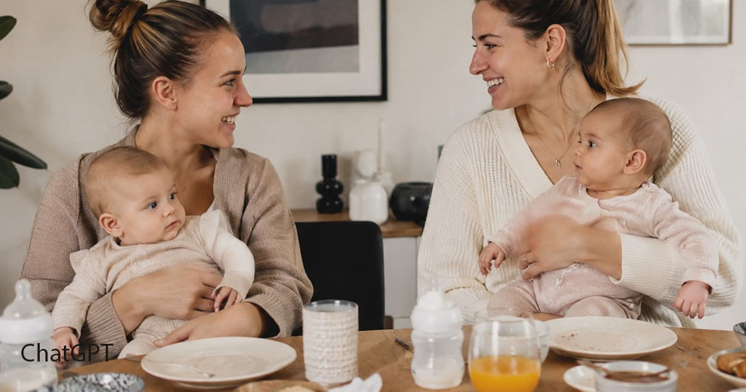2 Mütter mit Babys bei Tisch