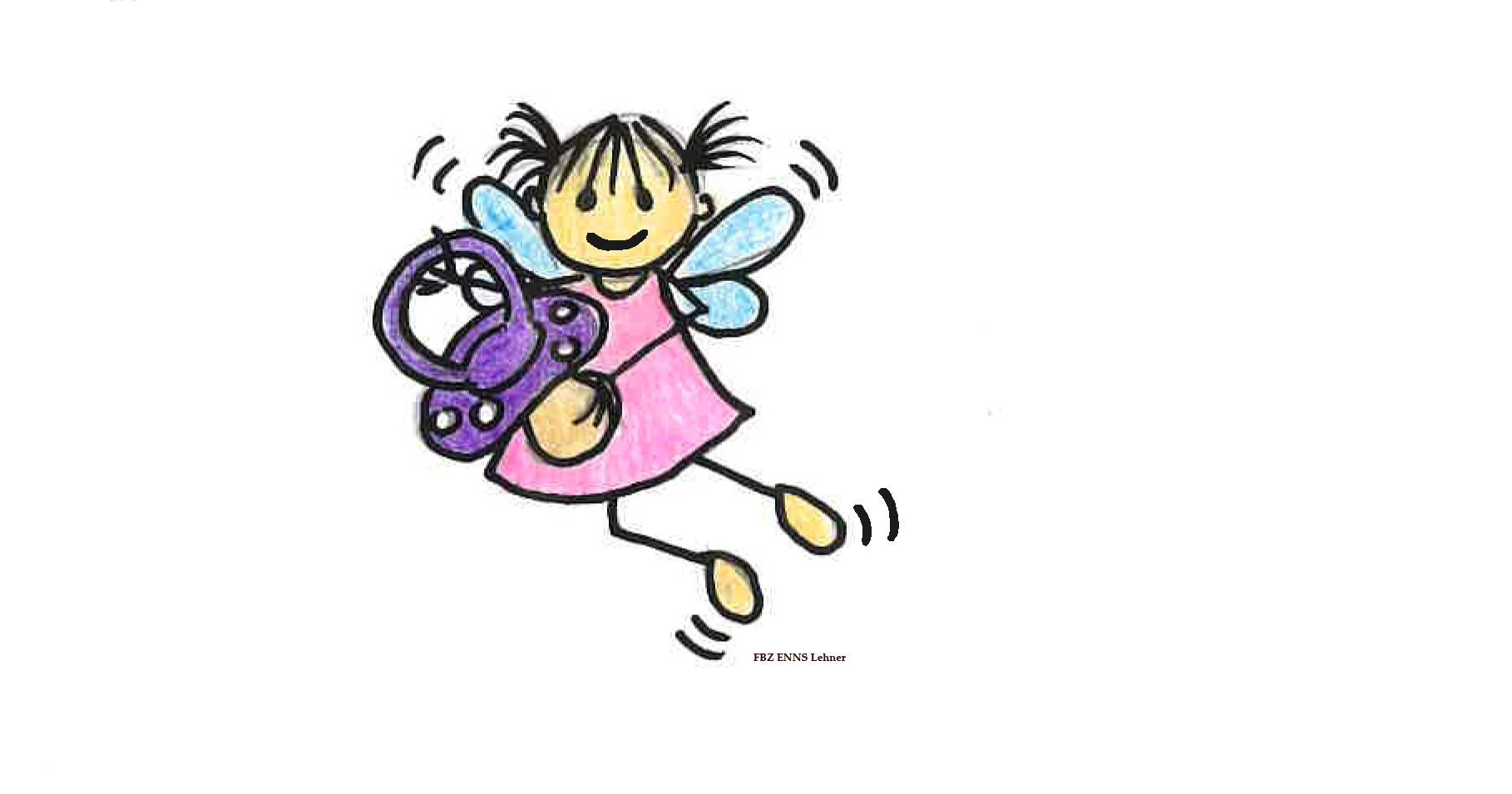 Das Bild wurde gemalt. Es zeigt eine Fee, die einen großen lila Schnuller in der Hand hält. Die Fee ähnelt einem Schmetterling mit durchsichtigen Flügeln.