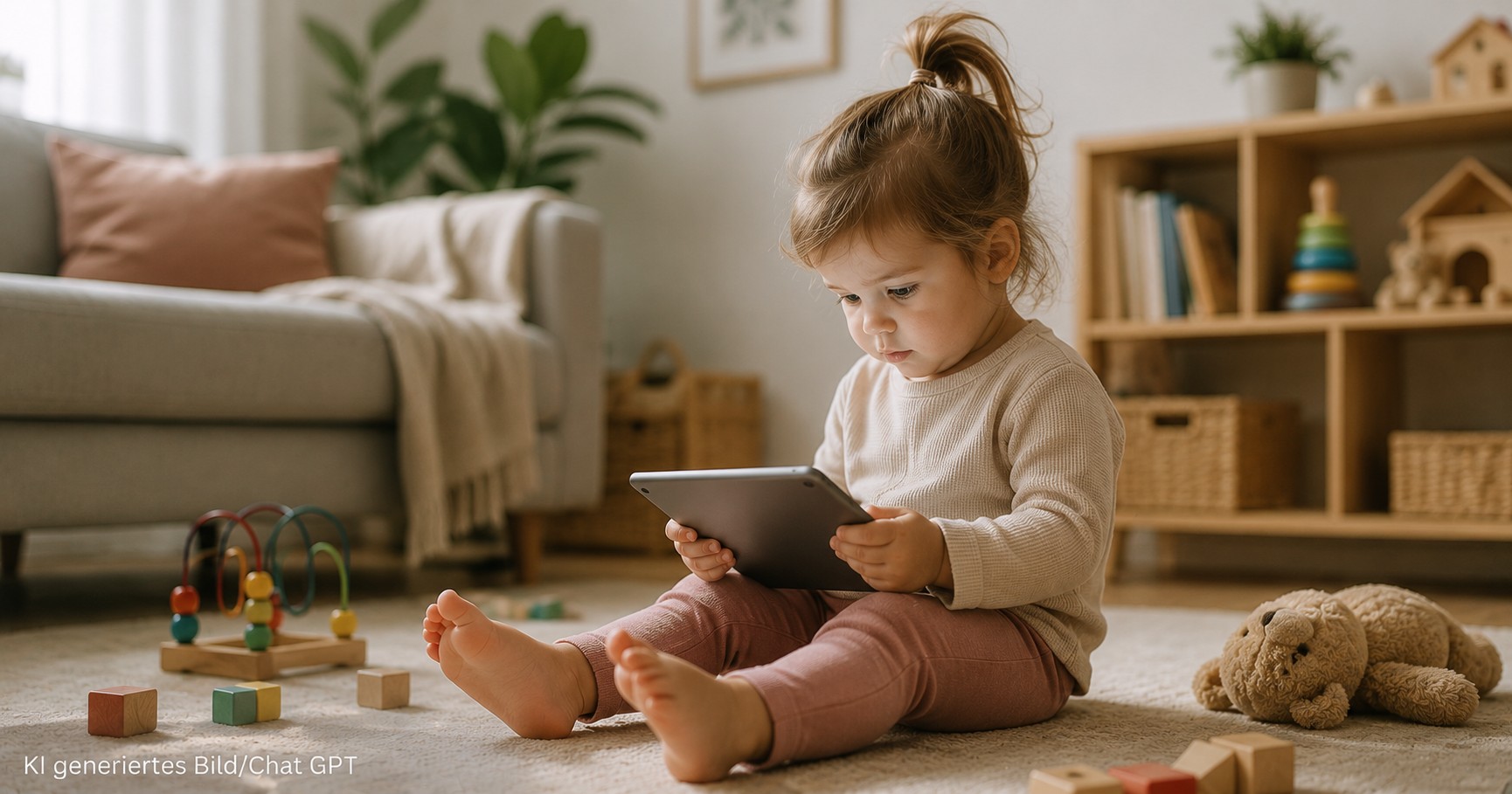 Mädchen sitzt mit Tablet am Boden