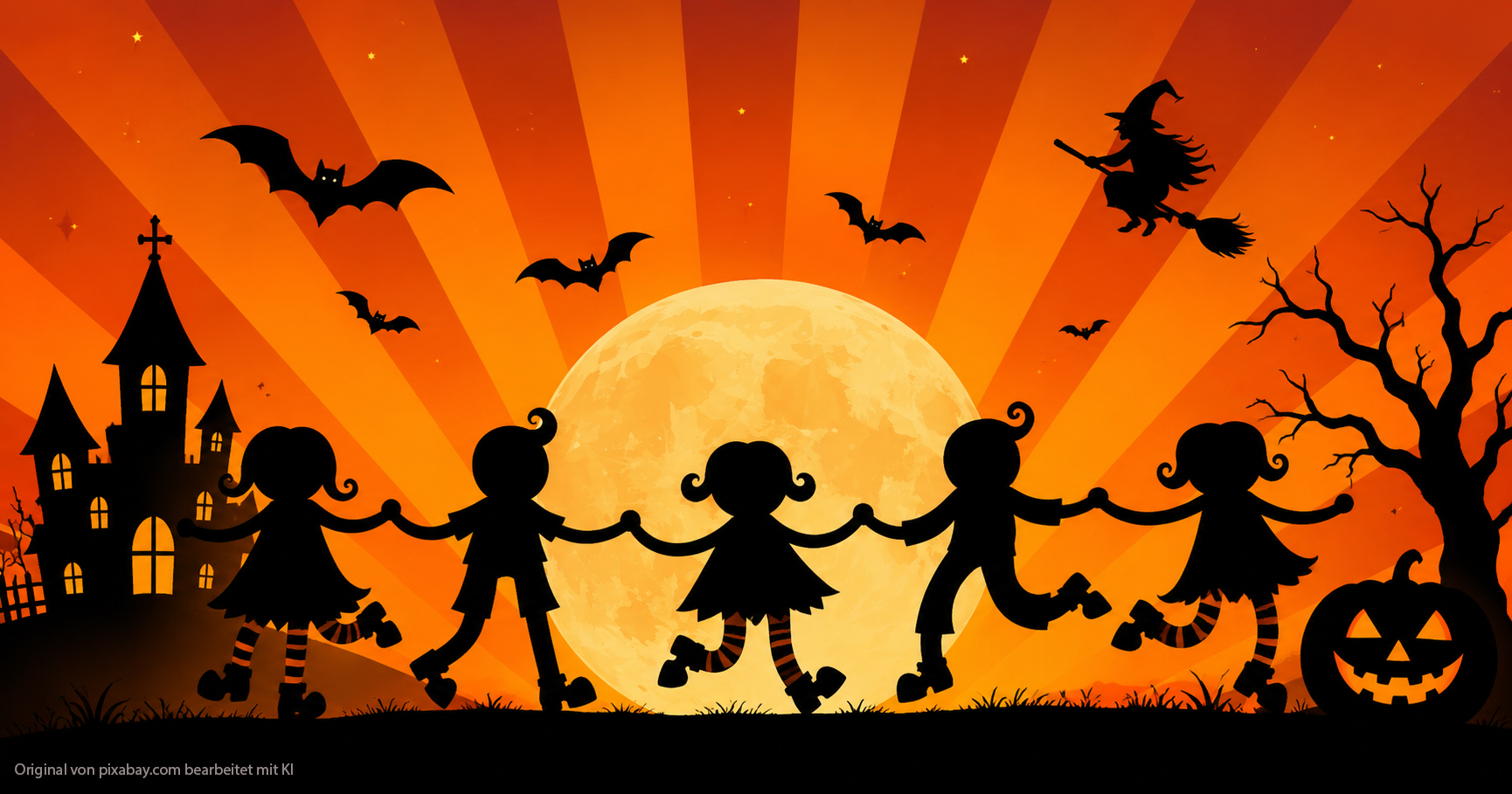 tanzende Kinder-Silhoutten mit Halloween Hintergrund